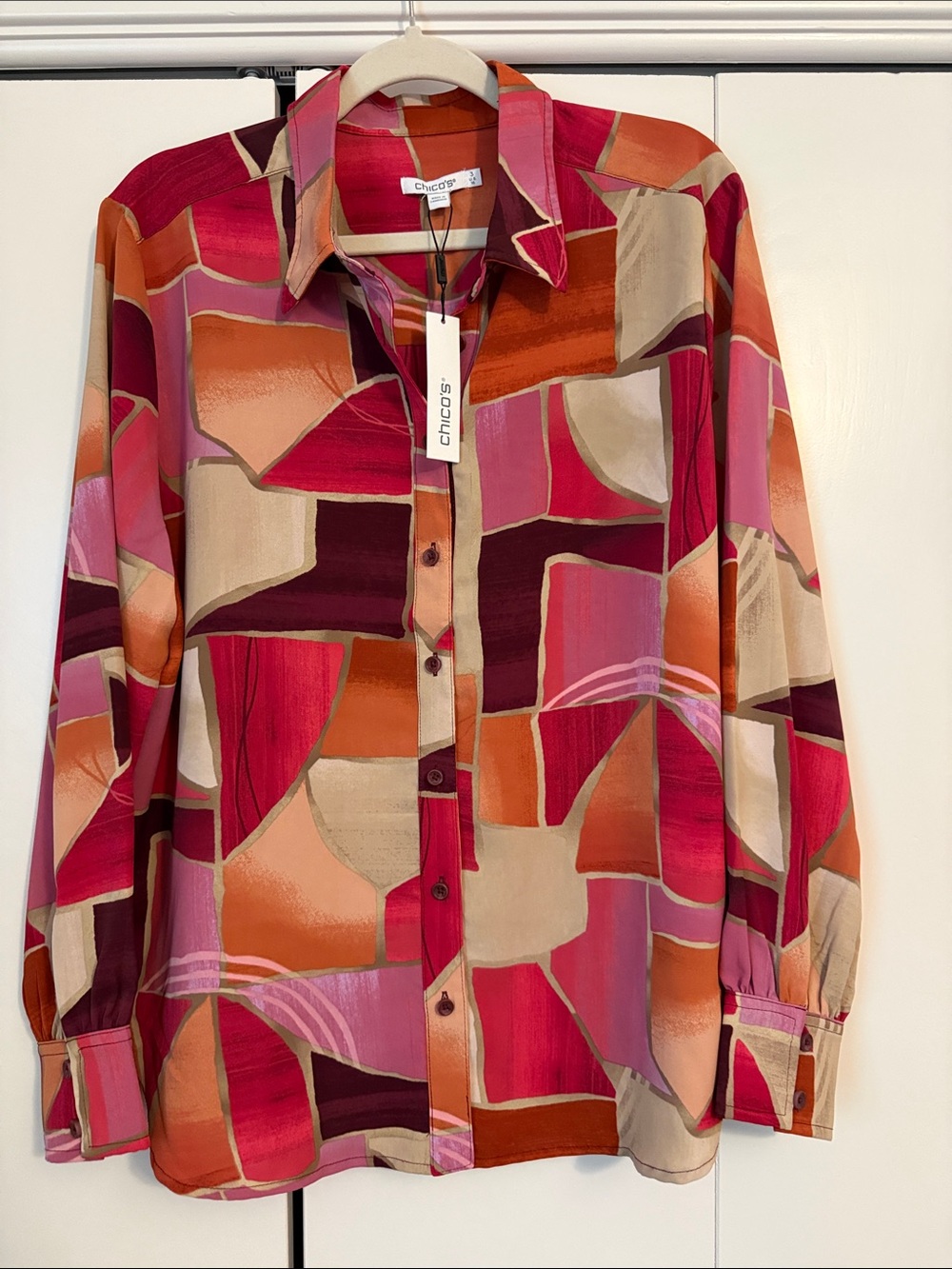 Chico's Abstract Patchwork Button-Up Shirt - Pink, Orange & Beige size 3 NWT